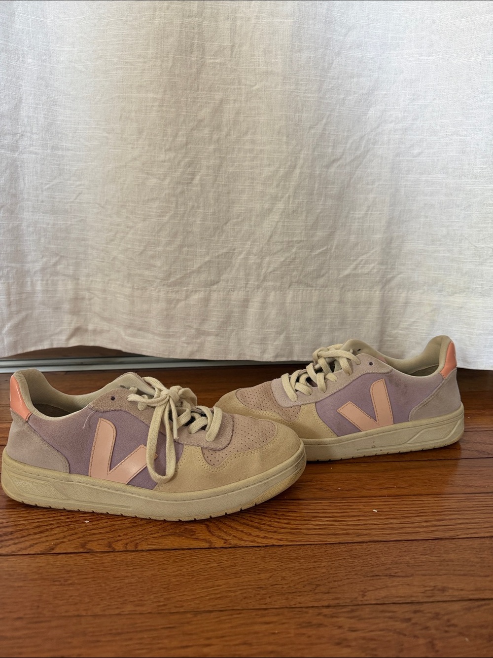 Veja Women’s V-10 Low-Top Sneakers in Light Pink, Purple, and Beige